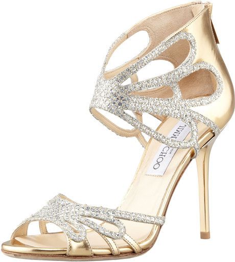 Jimmy Choo ~ Melody Cutout Glitter Sandal Jimmy Choo Gold, High Heeled Sandals, Glitter Sandals, Jimmy Choo Heels, Glitter Heels, Gold Heels, Gorgeous Shoes, Fashion High Heels, Jimmy Choo Shoes