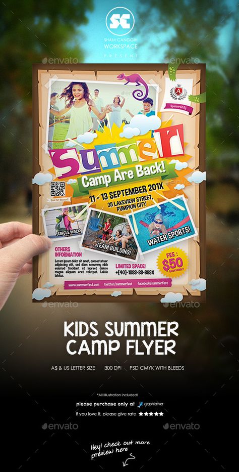 Flyer templates designed exclusively for summer camps, event, sports, school activities, family day, community or any of use. Easy to edit the text. if you familiar with photoshop tools, you also can change color using layer option such as gradient/colour ov Camp Flyer, Kids Summer Camp, School Kindergarten, Summer Camps For Kids, Flyer Design Inspiration, Education School, Flyer Poster, Event Flyer, Camping With Kids