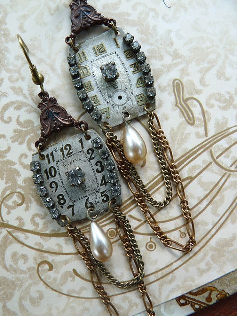 Vintage Assemblage Watch Earrings, Altering Time, beautiful antique watch faces with vintage rhinestone paste by Aliveness Vintage Jewelry Ideas, Antique Watch, Vintage Jewelry Crafts, Repurposed Jewelry, Assemblage Jewelry, Recycled Jewelry, Steampunk Jewelry, Upcycled Jewelry, Old Jewelry