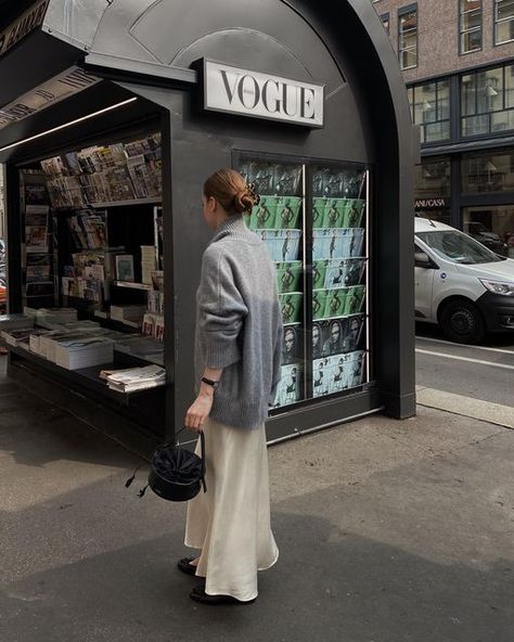 Carina Nicklas on Instagram: "We made it to Milan 🖤" White Midi Skirt Outfit Fall, Minimalist Modest Outfit, Gray And Beige Outfit, Scandinavian Aesthetic Fashion, Cream Satin Skirt Outfit, Beige Satin Skirt Outfit, Olive Skirt Outfit, Satin Skirt Outfit Fall, Beige Satin Skirt