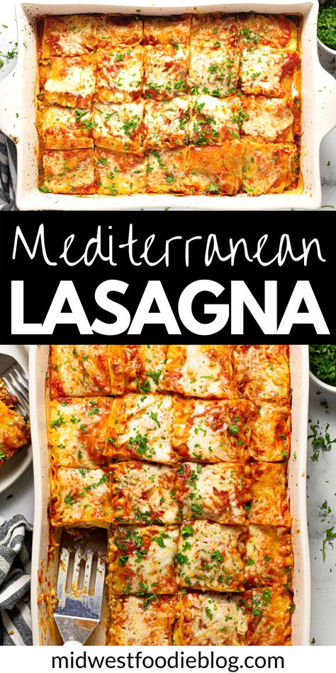 Mederanian Recipes, Lasagna Recipe With Feta Cheese, Mediterranean Diet Lasagna, Mediterranean Lasagna Recipe, Mediterranean Family Dinners, Vege Lasagna, Mediterranean Diet Recipes Vegetarian, Vegetarian Recipes Mediterranean, Mediterain Diet