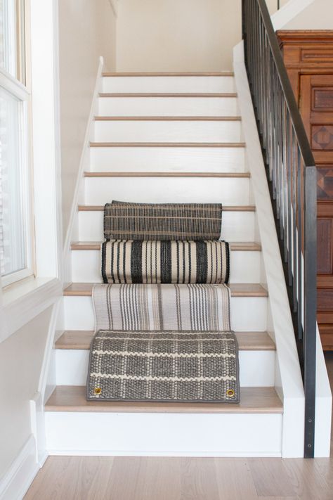 Stairs Diy Renovation, Diy Stair Runner, Stairs Makeover Design, Diy Stairs Makeover, Striped Stair Runner, Stairs Makeover Ideas, Stair Runner Installation, Stairs Renovation, Staircase Runner