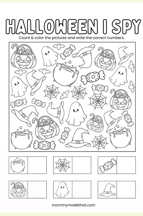 Get into the Halloween spirit with this printable I Spy game! Perfect for preschool and kindergarten, kids will love finding and counting all the hidden Halloween-themed images. This free worksheet is great for both classrooms and home activities, helping children improve their counting and visual recognition skills. Download your free Halloween printable and start the spooky fun today! Halloween Arts And Crafts For Kids Easy Printable, Classroom Halloween Games Kindergarten, Halloween Kindergarten Activities Art, All About Halloween, Free Halloween Kindergarten Worksheets, Halloween Eye Spy Printable, Kindergarten Printable Activities, Halloween Activities Worksheets, Kindergarten Activities Halloween