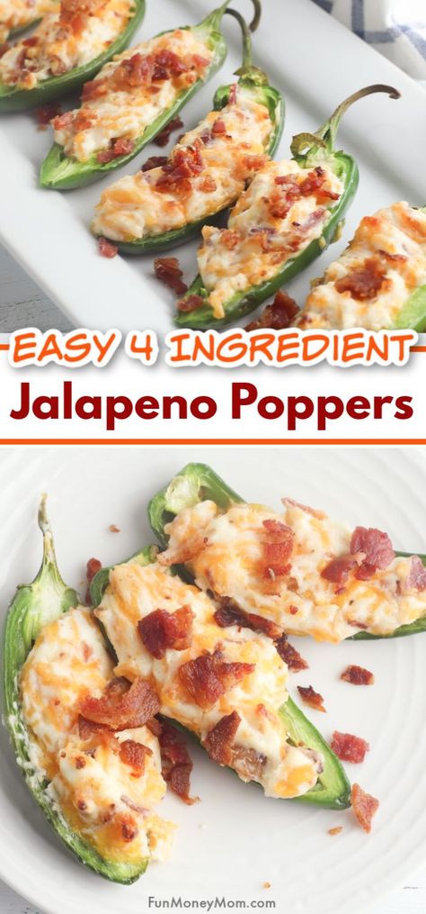 Baked Jalapeno Poppers - This Jalapeno poppers recipe has just four ingredients and is super easy recipe to make when you need a delicious party food, appetizer or just a yummy snack.   #bakedjalapenopoppers #jalapenopoppers #bitesizefood #easyrecipe #appetizer Jalopinos Poppers, Halopinio Poppers, Jalapeno Poppers Oven, Hosting Appetizers, Easy Jalapeno Poppers, Sausage Stuffed Mushrooms Easy, Cream Cheese Jalapeno, Baked Jalapeno Poppers, Cream Cheese Jalapeno Poppers