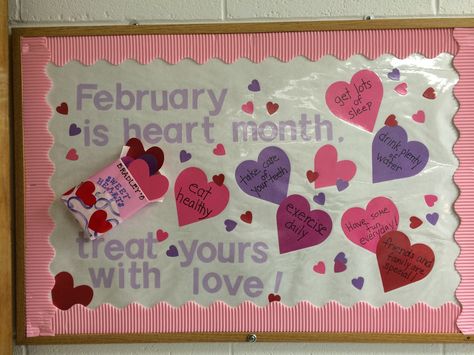 Heart Month Bulletin Board, Heart Month Ideas, School Cafeteria Decorations, Cafeteria Bulletin Boards, Pe Bulletin Boards, Nurse Bulletin Board, February Bulletin Boards, School Nurse Office Decorations, Health Bulletin Boards