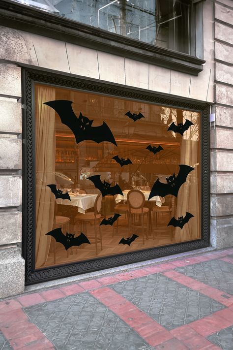 Our new range of Seasonal shop window static cling decals. Introducing Extra Large Halloween Bats that are large enough for any shop window display. Shop Window Ideas, Halloween Shop Window, Halloween Window Display, Halloween Window Clings, Halloween Window Decorations, Eye Designs, Window Decorations, Halloween Window, Window Ideas