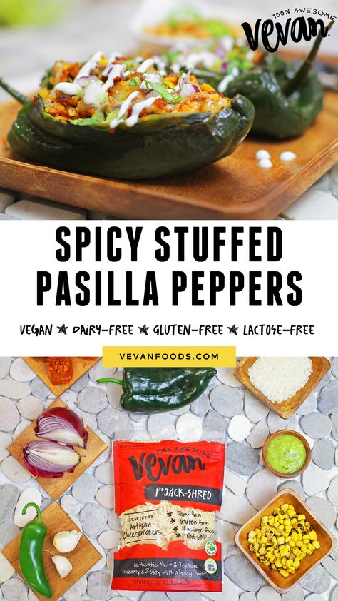 Mix things up with our new Spicy Stuffed Pasilla Pepper Recipe! Made with Vevan P’Jack-Shred, rice, corn, and pasilla peppers -- this plant-based friendly recipe is a classic! Try it out by heading to https://vevanfoods.com/indulge/spicy-stuffed-pasilla-peppers/ Pasilla Peppers Recipes, Stuffed Pasilla Pepper Recipes, Stuffed Pasilla Peppers, Pasilla Pepper Recipes, Pasilla Peppers, Pepper Recipes, Pepper Recipe, Bell Pepper Recipes, Pepper Jack Cheese