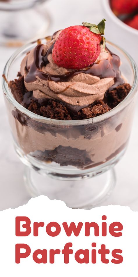 Photo of a brownie parfait in a serving dish. Strawberry Brownie Parfait, Desserts In A Cup To Sell, Parfait Recipes Chocolate, Easy Dessert Parfait Recipes, Brownie Parfait Desserts Easy Recipes, Brownie Dessert Cups Ideas, Brownie Desserts In A Cup, Individual Brownie Trifle Cups, Individual Dessert Parfaits