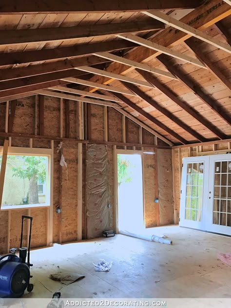 studio ceiling after vaulted ceiling Studio Ceiling, Vaulted Ceiling Ideas, Ceiling Diy, Loft Ceiling, Red Oak Hardwood Floors, Exposed Rafters, Open Ceiling, Window Casing, Oak Hardwood Flooring