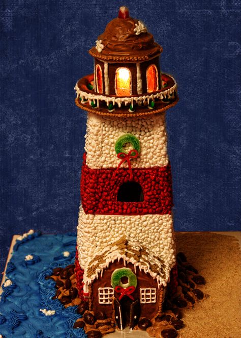 Titanic Gingerbread House, Gingerbread Lighthouse Template, Lighthouse Gingerbread House, Gingerbread Lighthouse, Lighthouse Cake, Gingerbread Contest, Gingerbread Competition, Gingerbread Designs, Gingerbread Inspiration