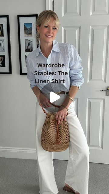 Claire Lopez on Instagram: "The linen shirt …  It’s a spring/summer staple for good reason because you can do a lot with it - from wearing to work, dressing down with denim, on the beach with shorts or as a cover up, worn with dresses and skirts in lots of ways whether you wear open, tuck or tie ….  Here’s over 10 different looks for you to use as inspo 📌📌  Head to stories for links which will also be saved in my May highlight   White and pink linen shirts @uniqloeurope  Stripe shirt @arketofficial   All bags and hats @ameliaroseaccessories  Belt @lovepinkroseuk  Jewellery @clea_silk  all linked in my May highlight   White jeans @zara marine  Black trs old @hm Cream trs @abercrombie  Light blue denim old @agjeans  Mid blue @sezane  Shorts both old @hm @mango  Leopard skirt old @hm  Slip White Marine Jeans Outfit, Strip Blue Shirt Outfits, Stripe Linen Shirt Outfit, Blue White Striped Shirt Outfit, Sezane Shorts, White Linen Shirt Outfit, Linen Shirt Outfit Women, White Striped Shirt Outfit, Linen Shirt Outfit