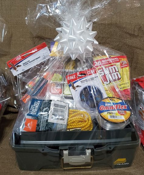 Fishing Auction Basket, Fathers Day Fishing Gift Basket, Nautical Gift Basket Ideas, Fishing Derby Prizes, Fishing Raffle Basket Ideas, Fishing Hamper, Basket Bingo Ideas, Fishing Tournament Ideas, Tackle Box Gift Ideas