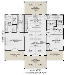 Country Plan: 1,442 Square Feet, 2 Bedrooms, 2 Bathrooms - 940-00749 Simple Farmhouse Plans, Small Floor Plans, Farmhouse Floor Plans, Barn Living, Two Bedroom House, Diy Space, Solar Power House, Small House Floor Plans, Cabin House Plans