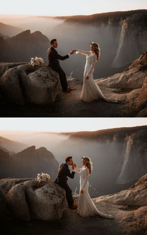 Mountain Elopement Flowers, Wedding Hike Outfit, California Mountain Elopement, Mountain Wedding Pictures Photo Ideas, Wedding Mountain Photos, Adventure Elopement Photography, Yosemite Wedding Photos, Elopement Mountains, Elopement Flowers