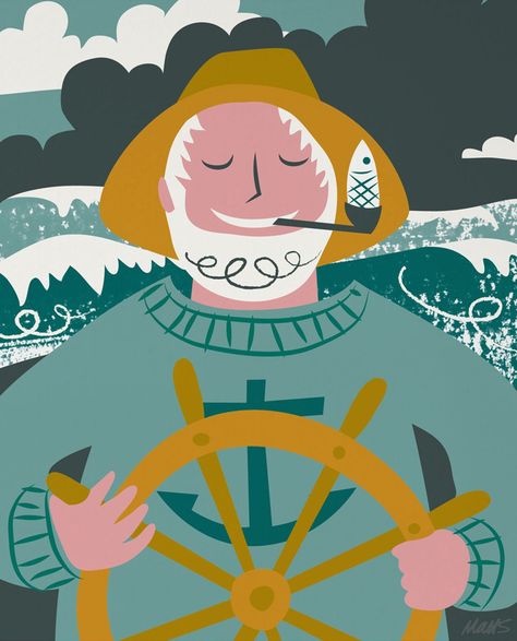 Fisherman illustration by Matt Johnson for Seasalt Cornwall Cornwall Illustration, Fisherman Illustration, Nautical Graphics, Wellbeing Journal, Nautical Illustration, Book Illustration Design, Nautical Inspiration, Watercolor Mermaid, Sea Captain