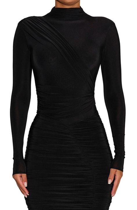 Naked Wardrobe Drama Ruched Long Sleeve Ribbed Body-Con Bodysuit | Nordstrom Christmas Holiday Outfits, Pretty Bodysuit, Wrap Sweater Dress, Elegant Outfit Classy, Mesh Long Sleeve Top, Black Clothes, Designer Midi Dresses, Hugging Silhouette, Naked Wardrobe