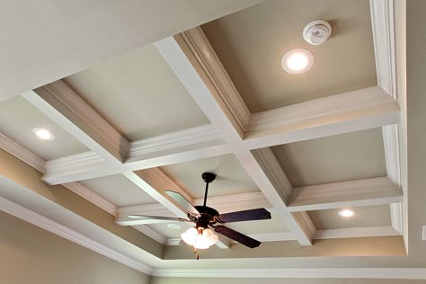 Wooden Coffered Ceiling, Coffered Ceiling With Fan, Coiffed Ceilings, Coffered Ceiling Bedroom Master Suite, Trey Ceiling Bedroom Master Suite, Tray Ceiling Ideas Bedroom Master Suite, Low Profile Coffered Ceiling, Tray Ceiling Ideas Bedroom, Coffered Ceiling Bedroom