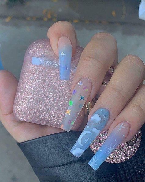 Baby Blue Acrylic Nails, Sky Blue Nails, Star Nail Designs, Disney Acrylic Nails, Clear Acrylic Nails, Witchy Nails, Retro Nails, Sky Nails, Moon Nails