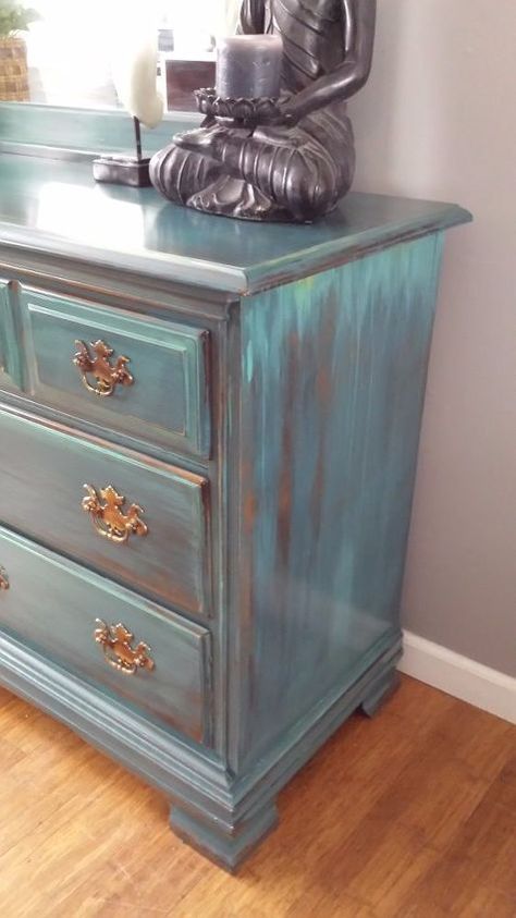 Teal Painted Furniture, Boho Dresser, Rustic Dresser, Huge Mirror, Style Dresser, Teal Paint, Painted Dresser, Dresser Makeover, Shabby Chic Diy