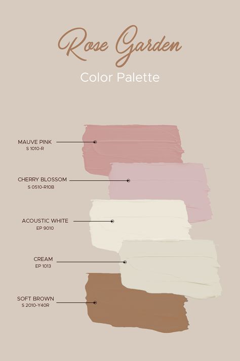 Rose garden color palette from Emirates Paints. Soft Pink And Purple Color Palette, Light Pink Brown Aesthetic, Neutral Room Color Palette, Pink Brown Bedroom Ideas, Pink Brown White Color Palettes, Neutral Room Paint Colors, Pink Cream Brown Color Palette, Pink Beige Colour Palette, Powder Pink Color Palette