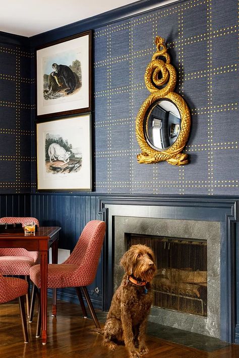 Navy Blue Dining Room Decor, Brownstone Fireplace, Navy Blue Dining Room, Modern Traditional Interior Design, Blue Dining Room Decor, Blue Dining Room, International Dog Day, European Decor, Phillip Jeffries