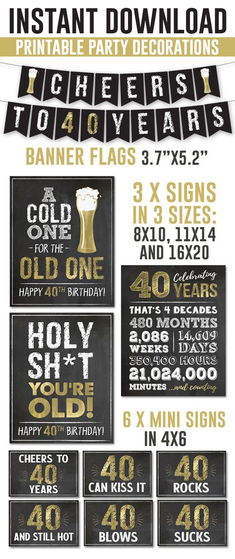 40th Birthday Party PRINTABLE Decor, Cheers to 40 Years Birthday Decorations, Cheers to 40 Years PRINTABLE Party Posters, Instant Download, Beers Party Decorations, Beers Party Decor  #tangledtulip #40thbirthday #40th #40thparty #40thpartydecor #40thbirthdayprintables #beers #beerparty #beers40th #beersbirthday #beersbirthdayparty Cheers To 50 Years Birthday Decoration, Beers And Cheers To 40 Years Party Ideas, 40 Years Birthday Party Ideas, 40th Birthday Banner For Men, Cheers To 40 Years Printable, Cheers Beers To 40 Years, Cheers To 40 Years Decorations, 40th Birthday Party Themes For Men, 40th Birthday Invites For Men