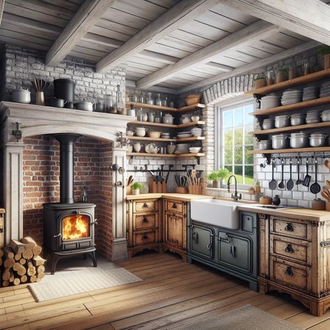 Distressed wooden cabinets contrasting with sleek stainless steel appliances side by side, are interspersed with neatly stacked, visible farmhouse utensils on open shelves on a bountiful brick background. The pale exposed beam across the ceiling balances the color palette. A large farmhouse sink standing proudly beneath a window overlooking a lush green garden, thrown into sharp relief by the soft incoming daylight. This image is meant to serve as inspiration for a kitchen remodel. Wood Stove In Kitchen Ideas, Woodburning Stove In Kitchen, Kitchen With Wood Burning Stove, Wood Stove Cooking Kitchen Designs, Wood Burning Cook Stove Rustic Kitchens, Wood Burning Stove In Kitchen, Wood Burning Oven In Kitchen, English Cottage Wood Burning Stove, Kitchen Wood Fired Oven