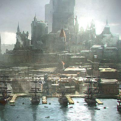 ArtStation - Painting for The Last Knights, emmanuel shiu Port City, Fantasy Castle, Fantasy City, Fantasy Places, Fantasy Setting, Landscape Scenery, Fantasy Art Landscapes, Fantasy Concept Art, High Fantasy