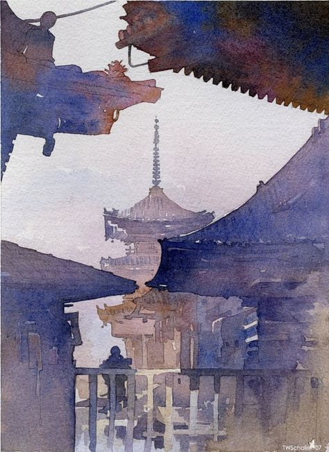 Thomas W Schaller, Architecture Watercolor, Japan Watercolor, Thomas Schaller, Watercolor City, Creative Architecture, Watercolor Architecture, Architecture Painting, Watercolor Artists