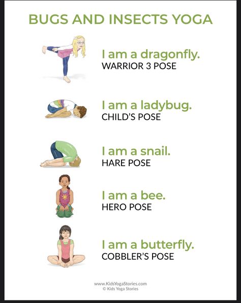 Yoga Poses For Preschoolers, Spring Yoga For Kids, Yoga For Kids In The Classroom, Bug Yoga, Yoga For Toddlers, Stretches For Kids, Kids Yoga Games, Preschool Yoga, Toddler Yoga