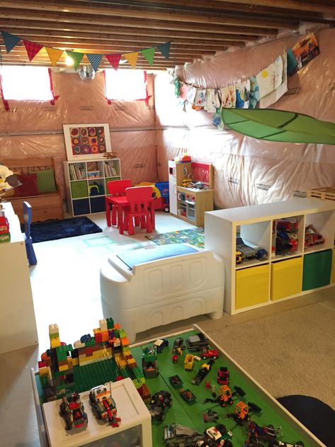 Unfinished Basement Playroom, Basement Organization, Basement Lighting, Basement Playroom, Basement Windows, Basement Storage, Waterproofing Basement, Small Basements, Basement Makeover