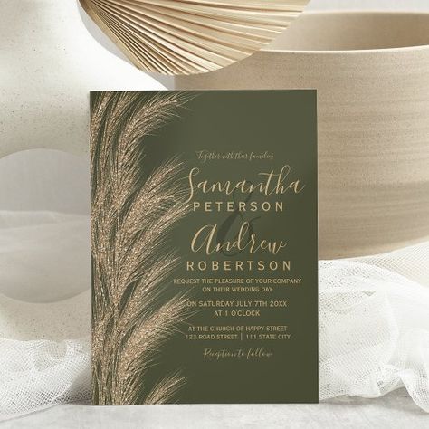 $ 2.8 | Boho pampas grass gold glitter olive green wedding - typography, wedding, elegant, boho, pampas grass, hand painted, spring summer wedding, county outdoors, gold glitter, olive green Western Olive Green Wedding, Olive Green And Gold Aesthetic, Green And Brown Wedding Invitations, Moss Green And Gold Wedding, Olive Green And Yellow Wedding, Olive Green And Tan Wedding, Gold And Olive Green Wedding, Olive Green Wedding Invitations, Baptism Aesthetic