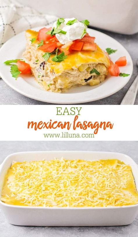 Mexican lasagna is a spicy twist on classic lasagna with flour tortillas and shredded cheese smothered in green chile enchilada sauce! #mexicanlasagna #mexicanfood #mexicancasserole #casserole #lasagna Mexican Lasagna Chicken, Mexican Lasagna With Tortillas, Mexican Lasagne, Casserole Lasagna, Mexican Lasagna Recipe, Easy Mexican Dishes, Mexican Lasagna Recipes, Green Chile Enchilada Sauce, Easy Chicken Enchilada Recipe