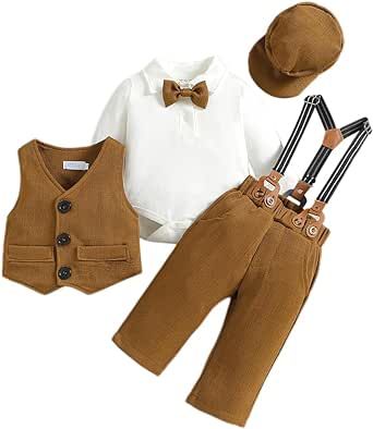 AFAVOM Baby Boys Christening Outfit Tuxedo Gentleman Suit Birthday Baptism Romper Suspender Vest Beret Formal Wedding Clothes Baby Romper Outfit, Twin Baby Clothes, Gentleman Suit, Baby Boy Christening Outfit, Hat Outfits, Boy Christening Outfit, Suit Clothes, Pants Romper