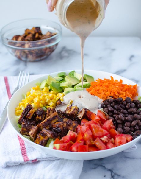 CPK Vegan Copycat! Chopped BBQ tofu salad with homemade bbq-ranch dressing! Taste just like the CPK version only much healthier! Bbq Tofu, California Pizza Kitchen, Bbq Chicken Salad, Tofu Salad, Homemade Bbq, Baked Tofu, Vegan Salad, Chopped Salad, Vegan Eating