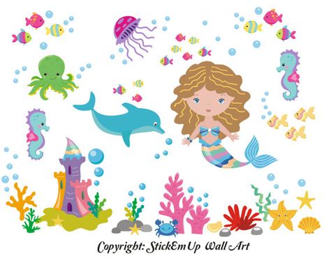 PRODUCT DETAILS: Super colorful undersea, ocean, mermaid wall decal will totally transform your nursery or playroom. Goes up super quickly - Aquarium Wall, Nursery Decals Girl, Mermaid Wall Decals, Baby Girl Room Ideas, Childrens Wall Decals, Boys Decal, Under The Sea Nursery, Neutral Baby Nursery, Baby Decals