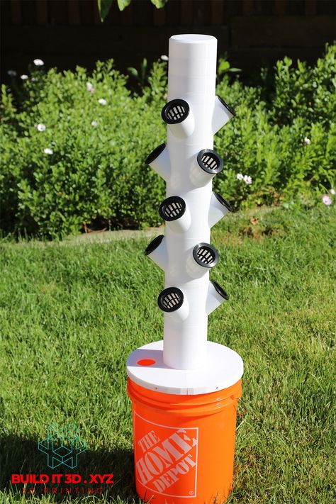 "Hydroponic tower with 5 two cup floors. Allows to grow side by side 10 plants. Indoor or outdoor. Material used is PETG, which is non-toxic and food grade. PETG is more UV and temperature resistant compared to PLA. It allows to have the tower on direct sunlight or indoor, without any defects caused by UV light. You can increase the tower height by purchasing additional modules and cups. All available in our store. Tower has 5 cups floors with two cups each. Includes top sprinkler module and lid. Two spacers for convenience: 40mm and 120mm. Method: Tower is built from interchangeable lockable modules. Inside the modules is guide for the hose that is connected to the submersible water pump that sits in the base with the nutrient liquid and pumps water up to the sprinkler at the top. Water t Hydroponic Tower, Hydroponic Gardening System, Acre Homestead, Hydroponic Farming, Hydroponics Diy, Aquaponic Gardening, Hydroponic Growing, Grow System, Plants Growing