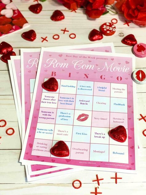 Play Rom Com Movie Bingo Movie Bingo, Play Therapy Activities, Rose Drink, Romcom Movies, Valentine Bingo, Romance Film, Romantic Films, Chocolate Hearts, Make You Cry