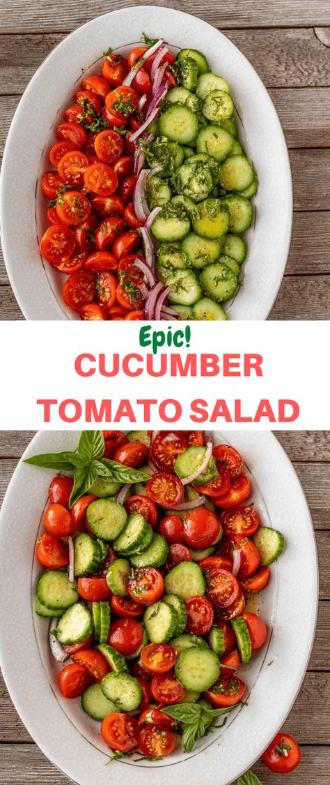 This Cucumber Tomato and Onion Salad tastes amazing! My hubby had to call in from work to talk about how amazing it was. It is a really easy salad to serve alongside meals or enjoy as an appetizer. #salads #cucumbertomatosalad #tomatosalad #sidedish #healthyrecipes Cucumber Tomato And Onion Salad, Salad Taco, Salad Macaroni, Tomato And Onion Salad, Salad Kale, Macaroni Recipes, Cucumber Tomato Salad, Onion Salad, Salad Pasta