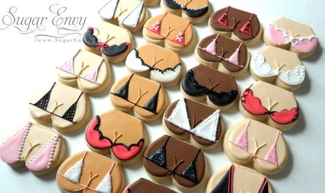 Bra Cookies so cool by sugar envy Bachelor Party Cookies, Lingerie Cookies, Bachelorette Cookies, Party Food Dessert, Cookie Pizza, Sugar Cookie Icing, Cutout Cookies, Cookies Ideas, Cookie Icing