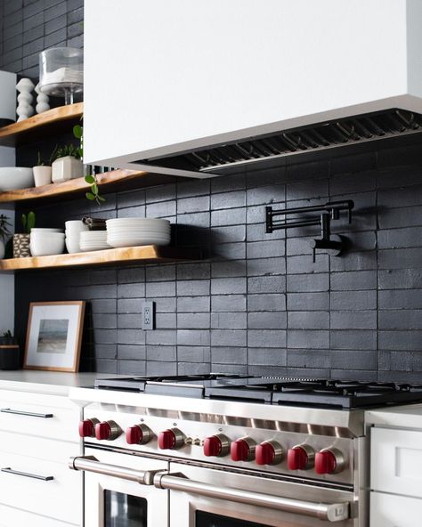 Fireclay Tile (@fireclaytile) • Instagram photos and videos Brick Bathroom, Color Spotlight, Black Backsplash, Bold Kitchen, Brick Kitchen, Brick Backsplash, Fireclay Tile, Backsplash Designs, Brick Tiles