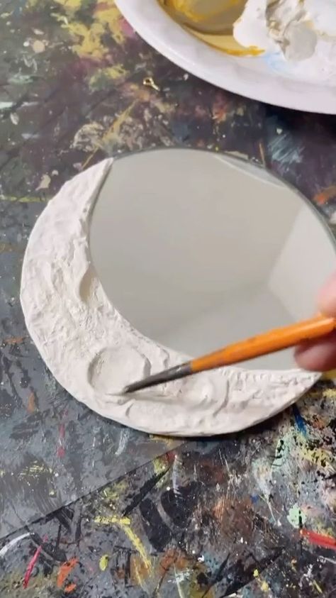 mebrian_ on Instagram: 👈 Follow me for more glow ups ☺️ So awesome 👏 artist: @ystreetstudio #painting #drawing #artwork #illustration #artist #sketch #instaart… Aesthetic Beauty Room Decor, Clay Moon Mirror, Moon Aesthetic Room Decor, Moon Gift Ideas Diy, Paint On Mirrors Ideas, Moon Ceramic Ideas, Clay On Mirror, Ceramic Art Ideas Creative Easy, Plaster Crafts Diy