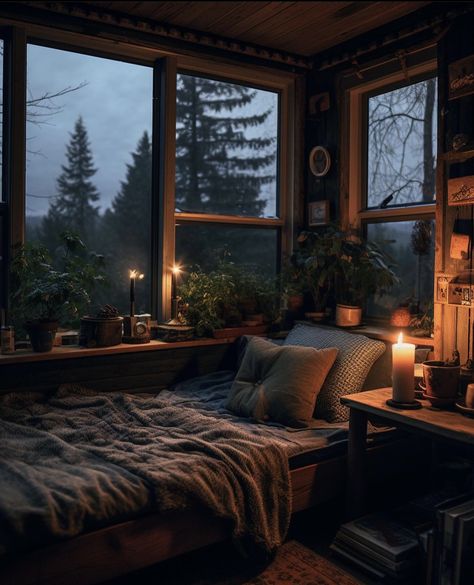 Gloomy House Interior, Rainy Cozy Bedroom, Fall Winter Bedroom Ideas, House Asthetic Picture Interior, Cabin Room Aesthetic, Cozy Dark Aesthetic, Dark Cosy Bedroom, Cozy Bedroom Night, Witchy Cabin