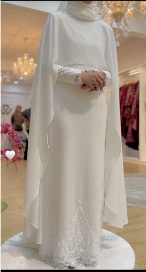 Cape Wedding Dress Hijab, Abaya For Nikah, Modest Nikkah Dress, Simple Engagement Dress Hijab, Muslimah Dress Wedding, White Abaya Wedding, Modest Wedding Dresses Hijab, Muslim Nikah Dresses, Nikah Abaya