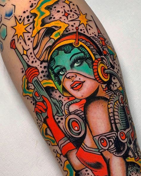 Scary Tattoo Designs, Blast Over Tattoo, Space Babe, Americana Tattoo, Colorful Tattoo, Traditional Tattoo Inspiration, Traditional Style Tattoo, Retro Tattoos, Biomechanical Tattoo