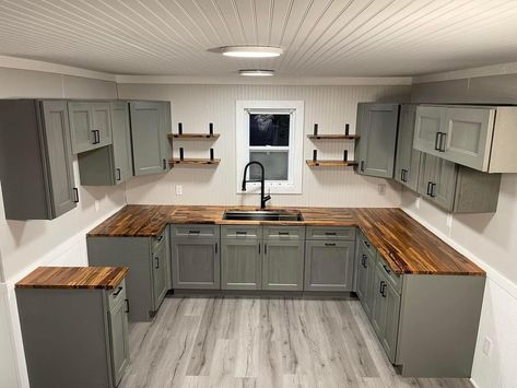 Simple Remodeling Ideas Budget, Simple House Renovations, Mobile Home Island Remodel, Single Wide Farmhouse Remodel, Gutted House Remodel, Simple House Renovation Ideas, Tiny Farmhouse Decor, Long Wall Kitchen Layout, Old House Kitchen Renovation