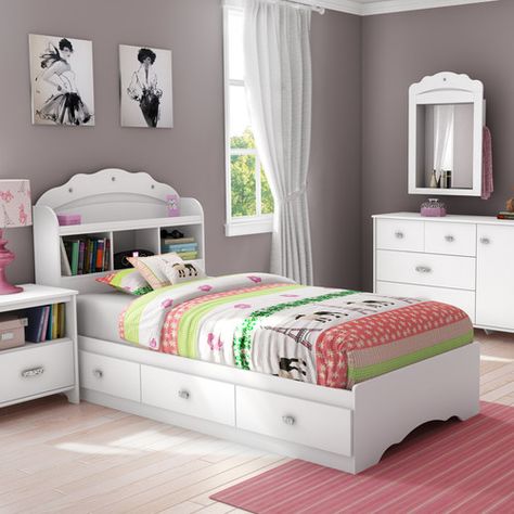 Found it at Wayfair - Tiara Twin Mate's Bed with Storage White Twin Headboard, Reka Bentuk Bilik Tidur, Captains Bed, Hiasan Bilik Tidur, Bookcase Bed, Low Loft Beds, Bookcase Headboard, Twin Headboard, Ideas Hogar