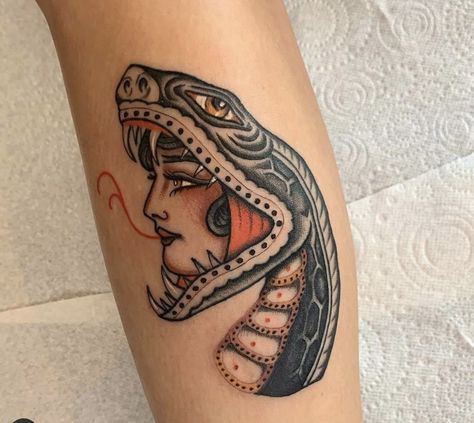 Traditional Snake, Traditional Tattoo Woman, Traditional Snake Tattoo, Laura Ann, Traditional Style Tattoo, Head Tattoo, Snake Head, Head Tattoos, Sister Tattoos