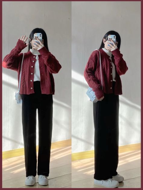 Black And Maroon Outfit, Maroon And Black Outfit, Black Outfit Hijab, Red Black Outfit, Ootd Red, Korean Street Fashion Men, Maroon Outfit, Red And Black Outfits, Black White Outfit