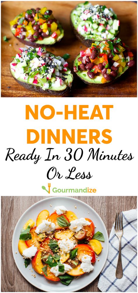 Slaving over a hot stove in the sweltering summer heat is the last thing anyone wants to be doing right now. Here are 60 no-heat dinners you can have on the table in 30 minutes or less! #quickandeasy #noheat #nobake #recipes #easydinners #dinner #quickdinners Heat Wave Recipes, Meals That Dont Need To Be Heated, No Heat Dinners For Summer, No Heat Meals Summer, No Heat Dinner Ideas, No Heat Recipes, No Heat Meals, Quick Easy Dinners For Two, No Cook Dinner